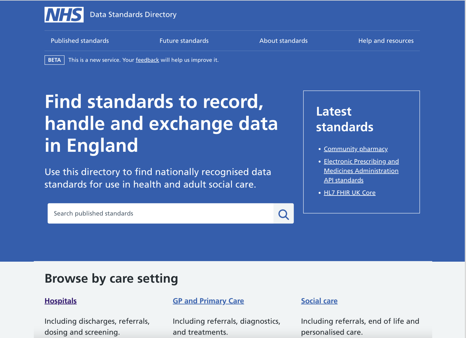 omepage of the NHS Data Standards Directory