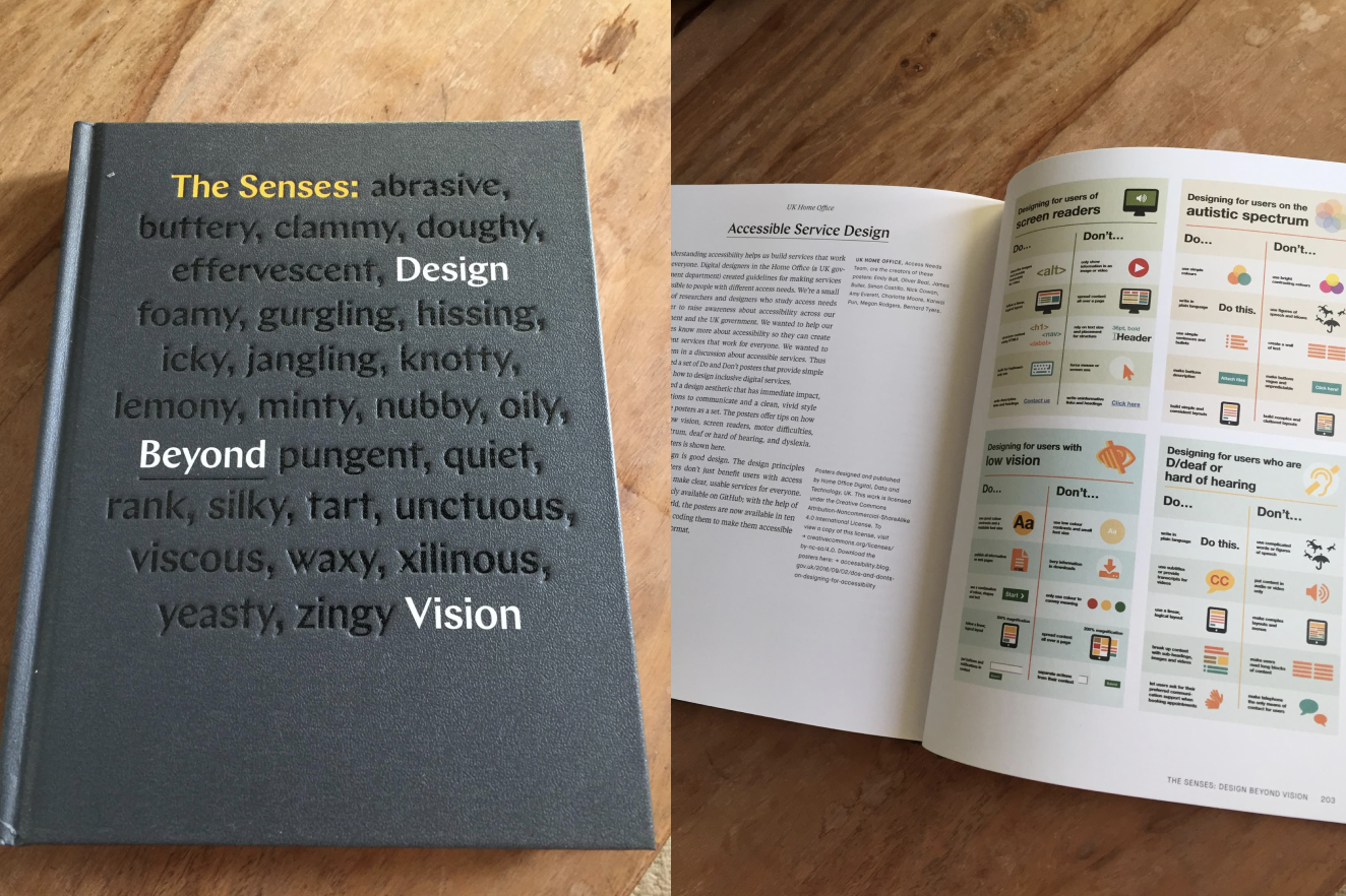A book called The Senses: Design Beyond Vision featuring the accessibility posters.